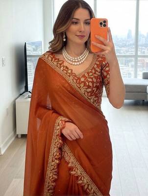 Copper embellished embroidered silk blend designer saree 1