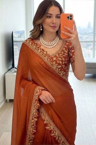 Copper embellished embroidered silk blend designer saree