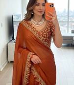 Copper embellished embroidered silk blend designer saree