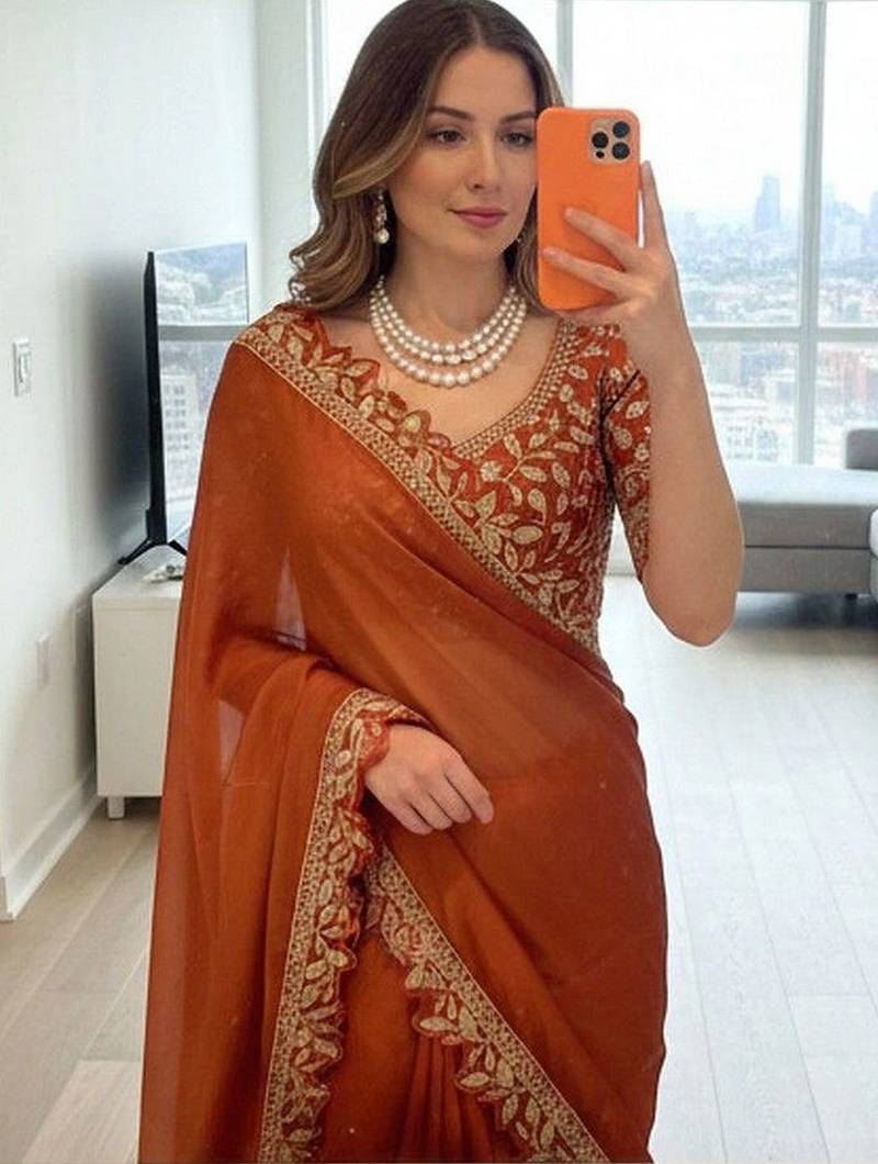 Copper embellished embroidered silk blend designer saree