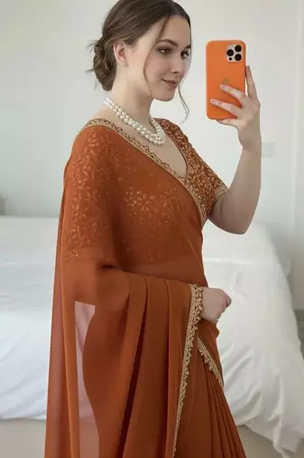 Copper embellished embroidered silk blend designer saree