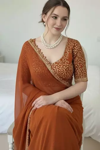 Copper embellished embroidered silk blend designer saree