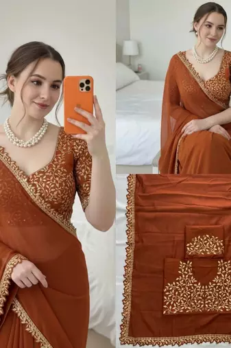 Copper embellished embroidered silk blend designer saree