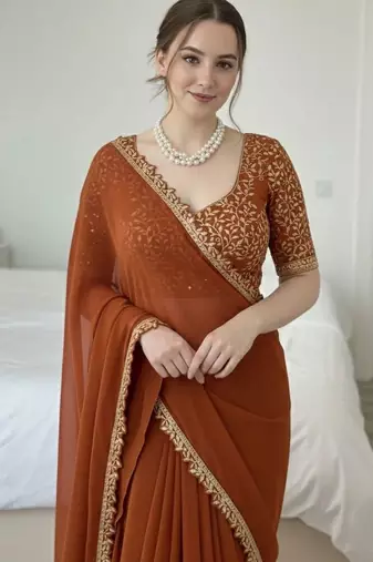 Copper embellished embroidered silk blend designer saree