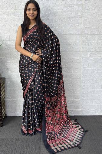 Black ajrak block mirror work bandhani saree