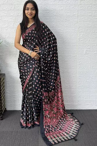 Black ajrak block mirror work bandhani saree