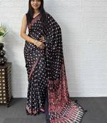 Black ajrak block mirror work bandhani saree