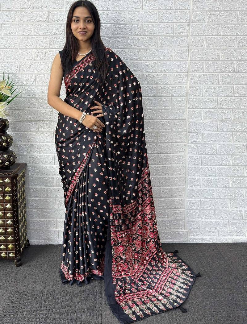 Black ajrak block mirror work bandhani saree