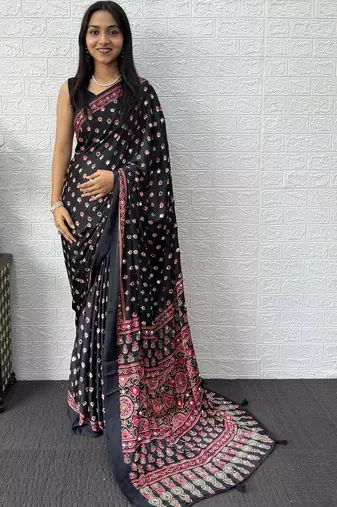 Black ajrak block mirror work bandhani saree