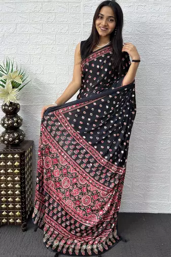 Black ajrak block mirror work bandhani saree