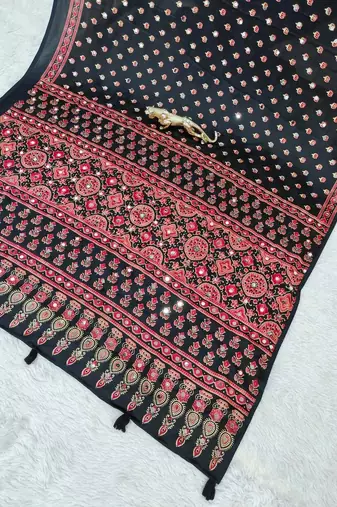Black ajrak block mirror work bandhani saree