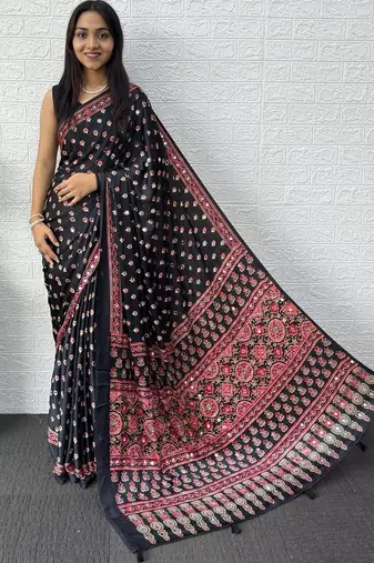Black ajrak block mirror work bandhani saree