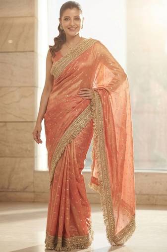 Peach embellished embroidered sequinned sarees with unstitched blouse piece