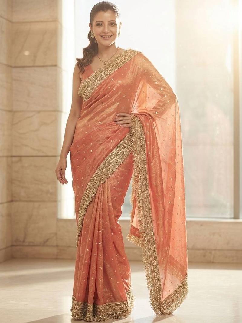 Peach embellished embroidered sequinned sarees with unstitched blouse piece
