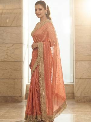 Peach embellished embroidered sequinned sarees with unstitched blouse piece 2