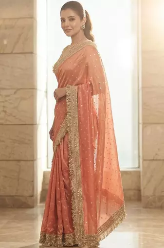 Peach embellished embroidered sequinned sarees with unstitched blouse piece