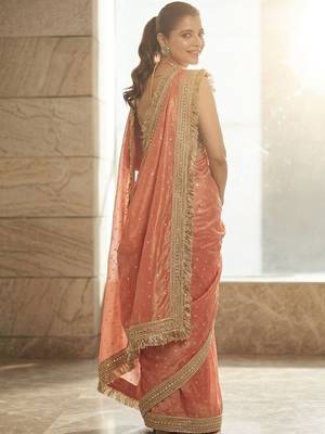 Peach embellished embroidered sequinned sarees with unstitched blouse piece 3