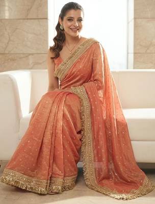 Peach embellished embroidered sequinned sarees with unstitched blouse piece 4
