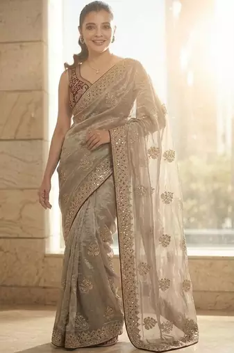Gold floral embellished embroidered satin sarees with unstitched blouse