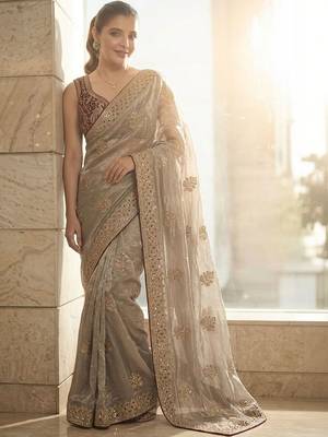 Gold floral embellished embroidered satin sarees with unstitched blouse 4