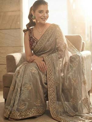 Gold floral embellished embroidered satin sarees with unstitched blouse 5