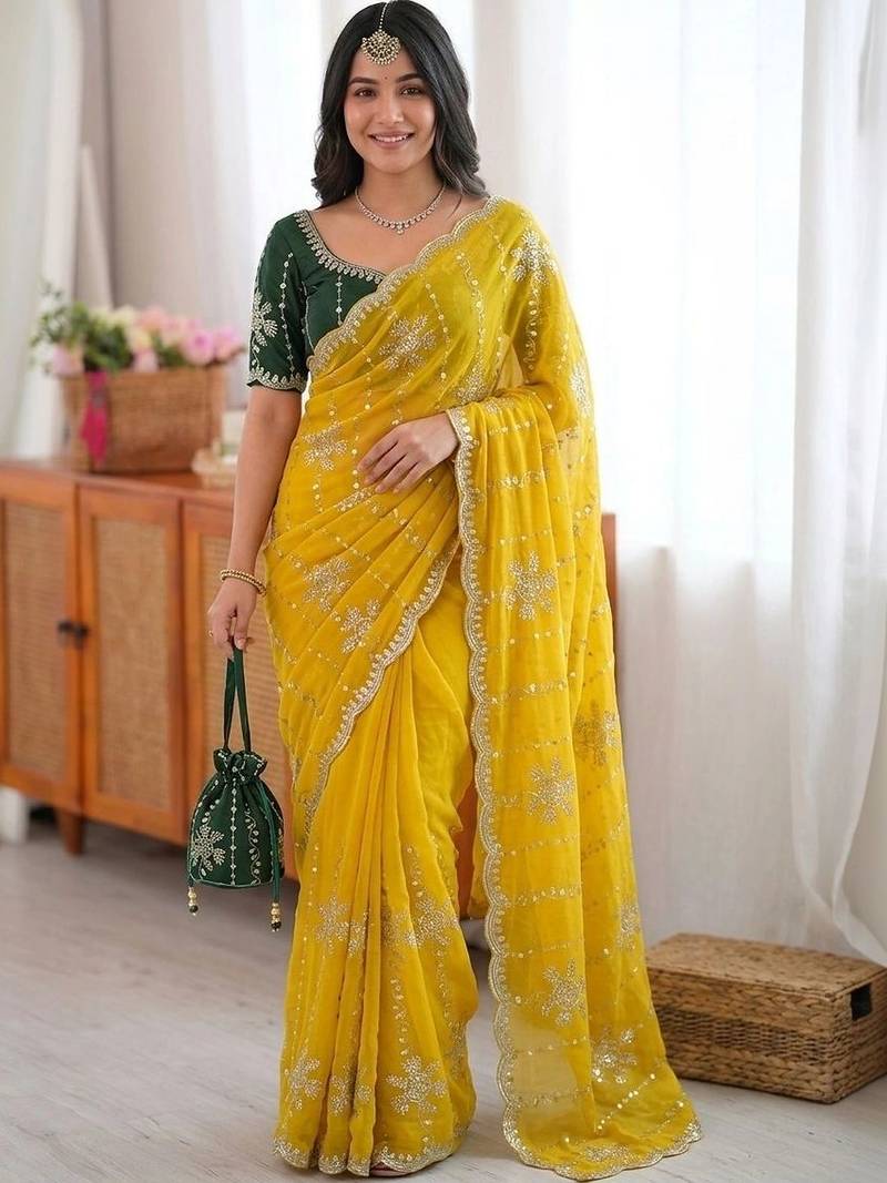 Yellow ethnic motifs sequinned  georgette saree
