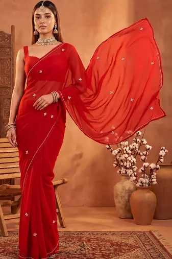 Red floral embroidered poly georgette designer saree
