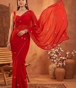 Red floral embroidered poly georgette designer saree