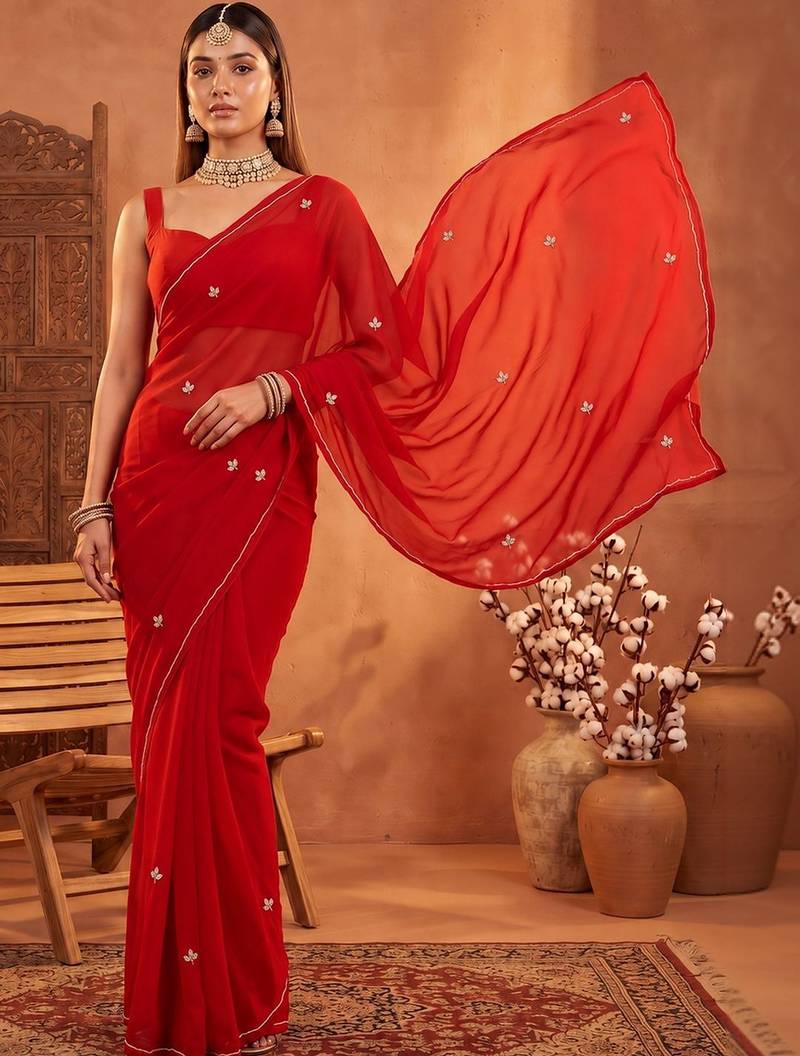 Red floral embroidered poly georgette designer saree