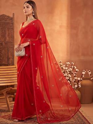 Red floral embroidered poly georgette designer saree 2