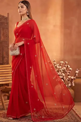 Red floral embroidered poly georgette designer saree