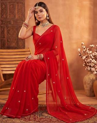 Red floral embroidered poly georgette designer saree 3