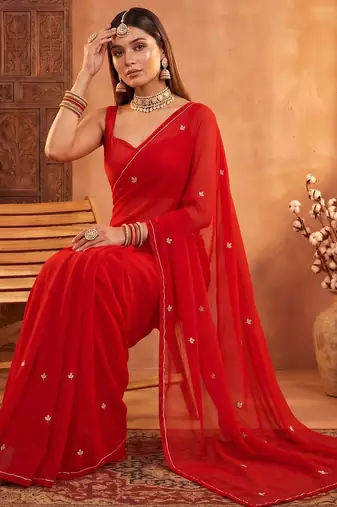 Red floral embroidered poly georgette designer saree