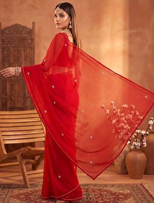 Red floral embroidered poly georgette designer saree 4