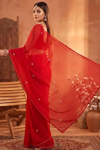 Red floral embroidered poly georgette designer saree