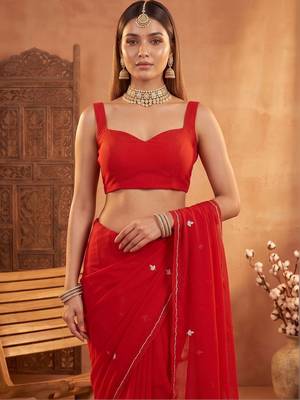 Red floral embroidered poly georgette designer saree 5