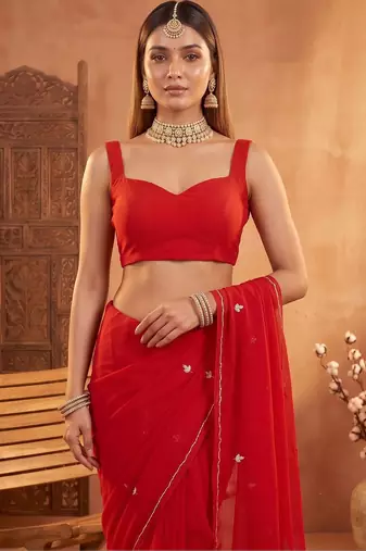 Red floral embroidered poly georgette designer saree