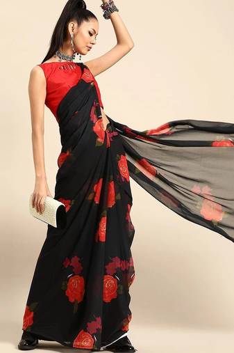 Black floral  georgette designer saree