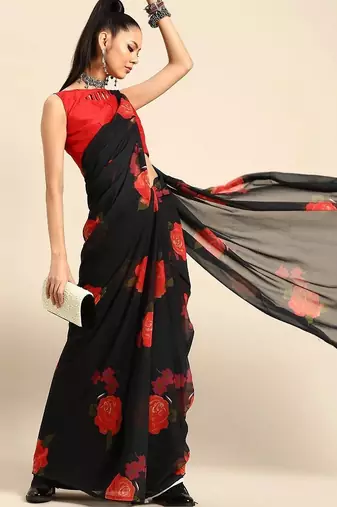 Black floral  georgette designer saree