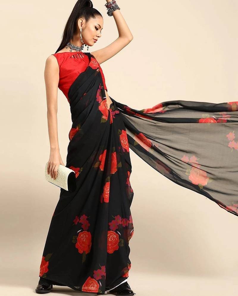 Black floral  georgette designer saree
