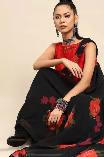 Black floral  georgette designer saree