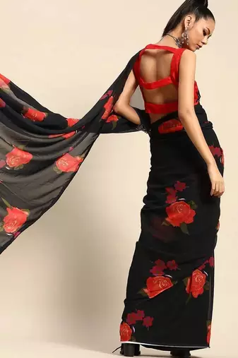 Black floral  georgette designer saree