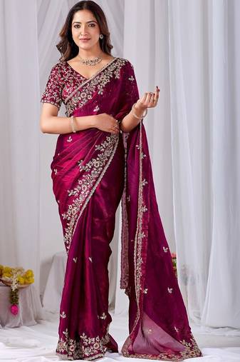 Maroon floral embroidered designer saree