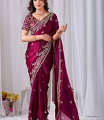 Maroon floral embroidered designer saree