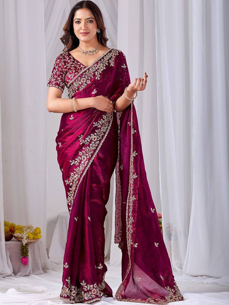Maroon floral embroidered designer saree