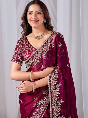 Maroon floral embroidered designer saree 2