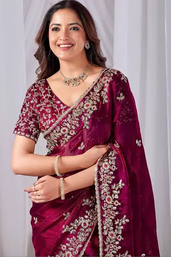 Maroon floral embroidered designer saree
