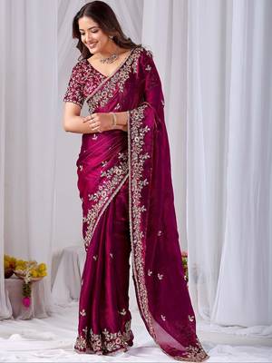 Maroon floral embroidered designer saree 3