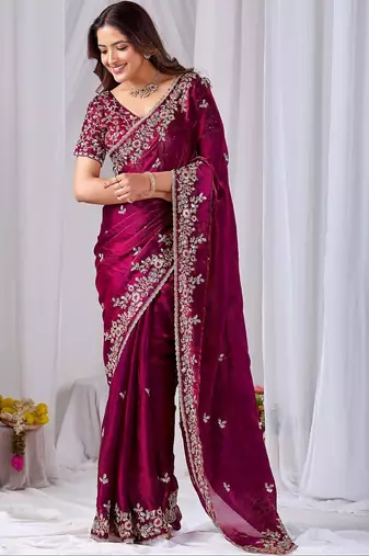 Maroon floral embroidered designer saree