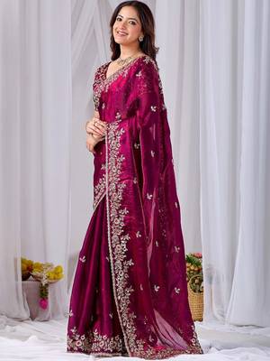 Maroon floral embroidered designer saree 4